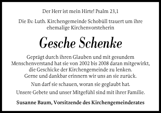 Traueranzeige von Gesche Schenke von Husumer Nachrichten, Nordfriesland Tageblatt