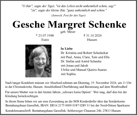 Traueranzeige von Gesche Margret Schenke von Husumer Nachrichten, Nordfriesland Tageblatt