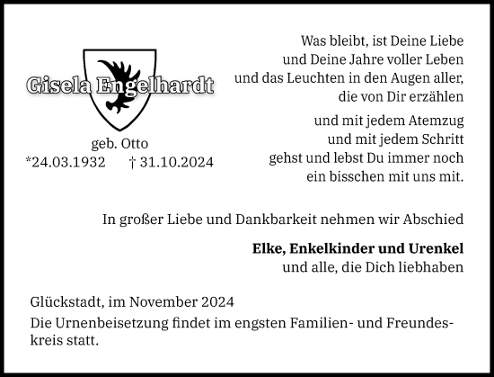 Traueranzeige von Gisela Engelhardt von Norddeutsche Rundschau, Wilstersche Zeitung, Glückstädter Fortuna