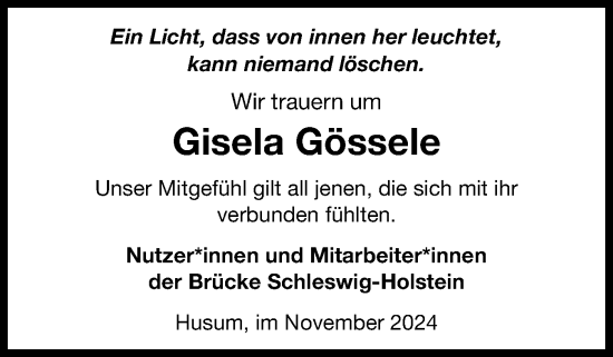 Traueranzeige von Gisela Gössele von Husumer Nachrichten, Nordfriesland Tageblatt