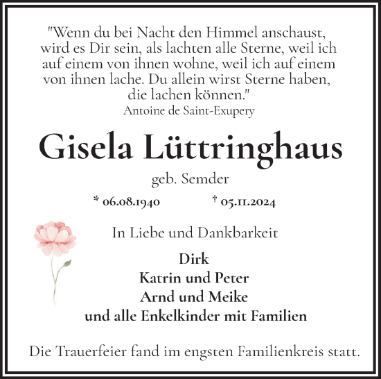 Traueranzeige von Gisela Lüttringhaus von Norddeutsche Rundschau, Wilstersche Zeitung, Glückstädter Fortuna