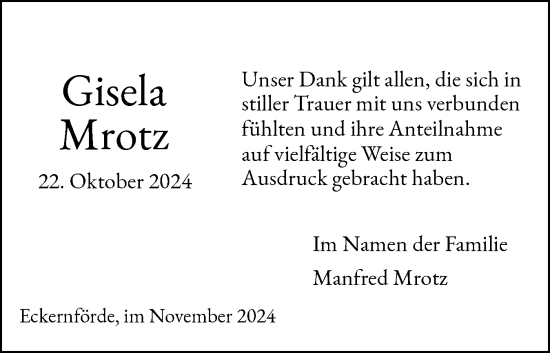 Traueranzeige von Gisela Mrotz von Eckernförder Zeitung, Hallo Eckernförde