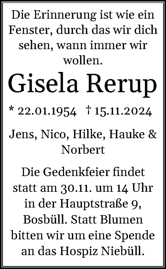 Traueranzeige von Gisela Rerup von Husumer Nachrichten, Nordfriesland Tageblatt