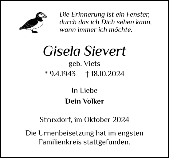 Traueranzeige von Gisela Sievert von Schleswiger Nachrichten, Schlei-Bote