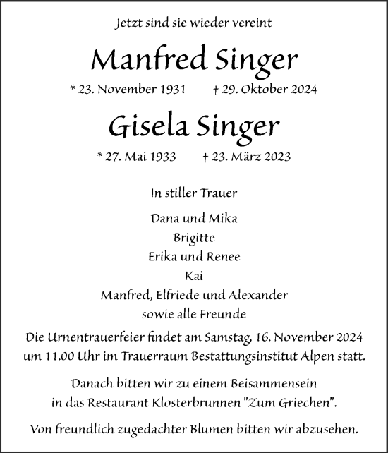 Traueranzeige von Gisela Singer von Norddeutsche Rundschau, Wilstersche Zeitung, Glückstädter Fortuna