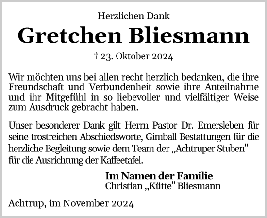 Traueranzeige von Gretchen Bliesmann von Husumer Nachrichten, Nordfriesland Tageblatt