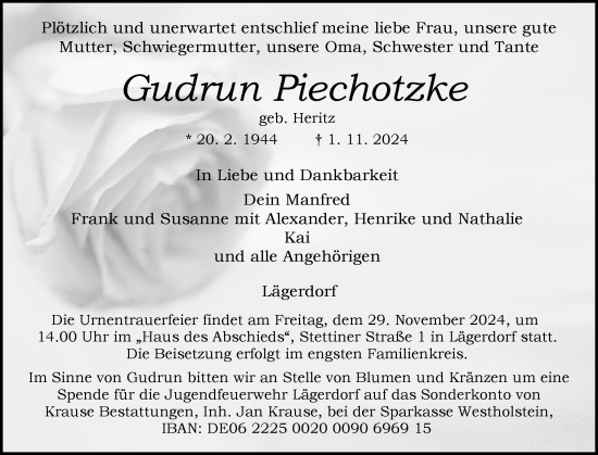 Traueranzeige von Gudrun Piechotzke von Norddeutsche Rundschau, Wilstersche Zeitung, Glückstädter Fortuna