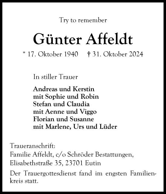 Traueranzeige von Günter Affeldt von Ostholsteiner Anzeiger