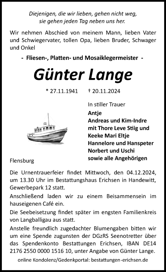 Traueranzeige von Günter Lange von Flensburger Tageblatt