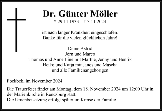 Traueranzeige von Günter Möller von Schleswig-Holsteinische Landeszeitung