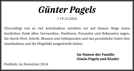 Traueranzeige von Günter Pagels von Schleswig-Holsteinische Landeszeitung