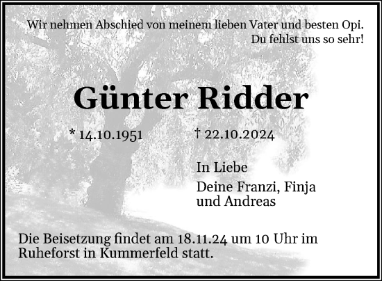 Traueranzeige von Günter Ridder von Region Pinneberg und tip Pinneberg