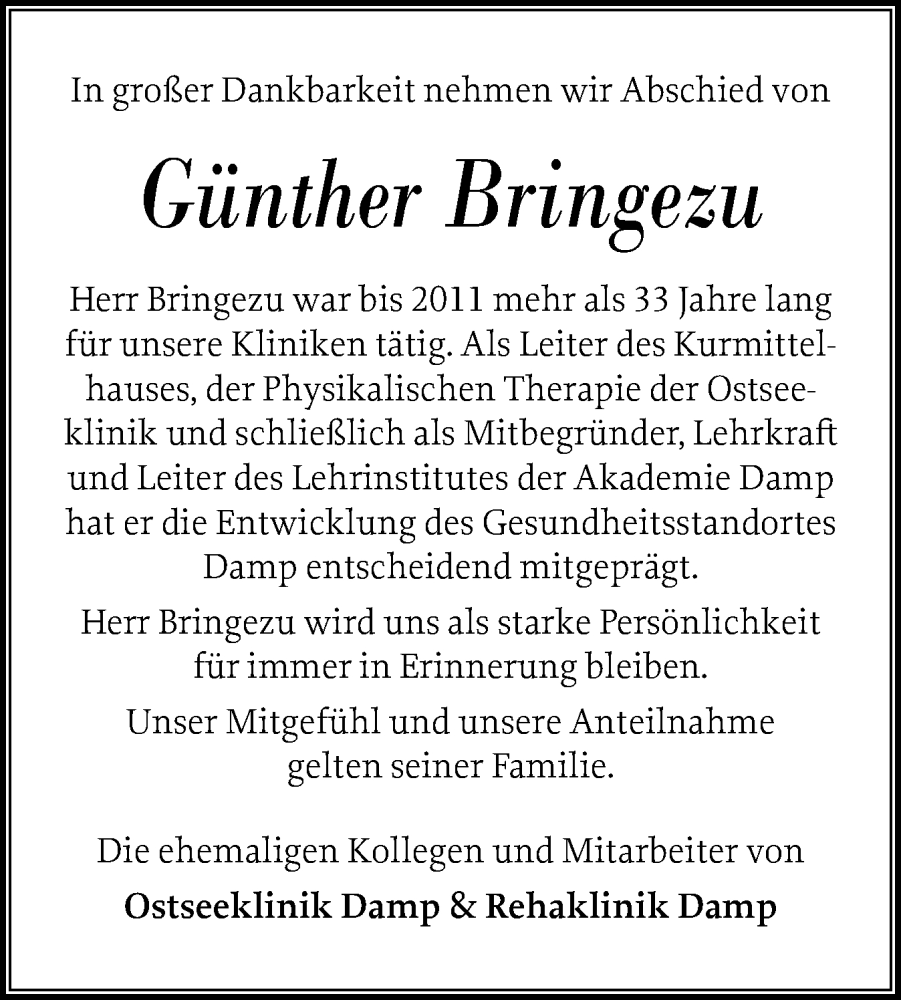  Traueranzeige für Günther Bringezu vom 27.11.2024 aus Schleswiger Nachrichten, Schlei-Bote, Eckernförder Zeitung