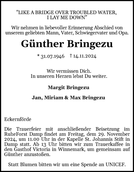 Traueranzeige von Günther Bringezu von Schleswiger Nachrichten, Schlei-Bote, Eckernförder Zeitung