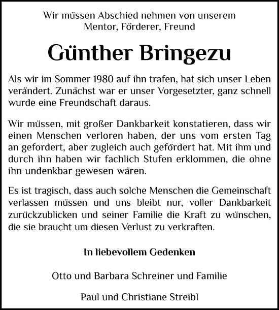 Traueranzeige von Günther Bringezu von Schleswiger Nachrichten, Schlei-Bote, Eckernförder Zeitung