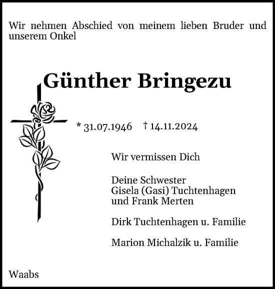 Traueranzeige von Günther Bringezu von Eckernförder Zeitung, Hallo Eckernförde