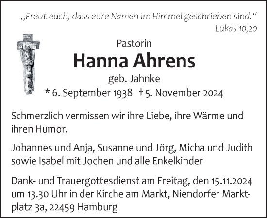 Traueranzeige von Hanna Ahrens von Region Flensburg