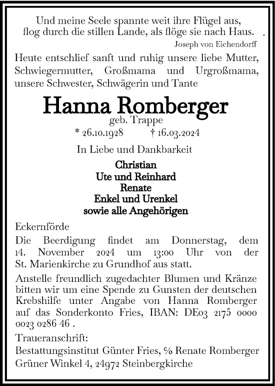 Traueranzeige von Hanna Romberger von Eckernförder Zeitung, Hallo Eckernförde