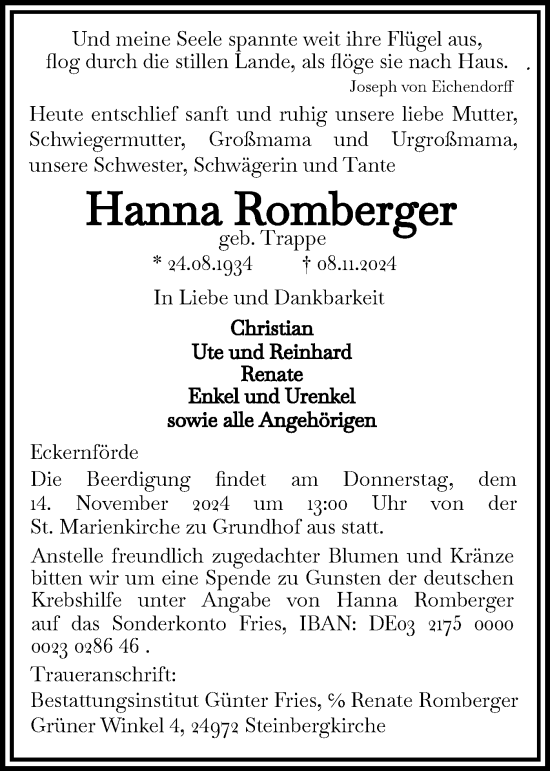 Traueranzeige von Hanna Romberger von Eckernförder Zeitung