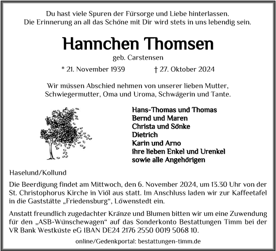 Traueranzeige von Hannchen Thomsen von Husumer Nachrichten, Nordfriesland Tageblatt