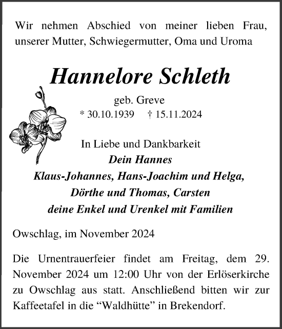 Traueranzeige von Hannelore Schleth von Schleswig-Holsteinische Landeszeitung