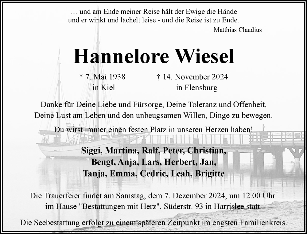  Traueranzeige für Hannelore Wiesel vom 23.11.2024 aus Flensburger Tageblatt