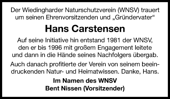 Traueranzeige von Hans Carstensen von Husumer Nachrichten, Nordfriesland Tageblatt