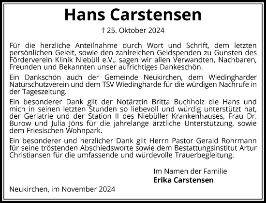 Traueranzeige von Hans Carstensen von Region Flensburg