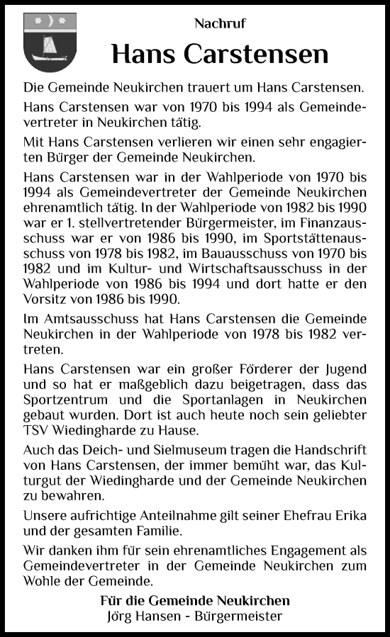 Traueranzeige von Hans Carstensen von Husumer Nachrichten, Nordfriesland Tageblatt