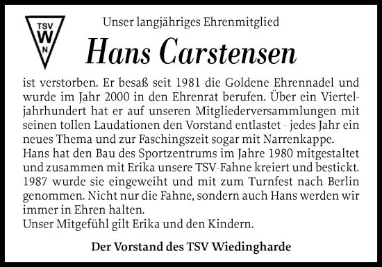 Traueranzeige von Hans Carstensen von Husumer Nachrichten, Nordfriesland Tageblatt