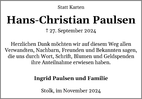 Traueranzeige von Hans-Christian Paulsen von Schleswiger Nachrichten, Schlei-Bote