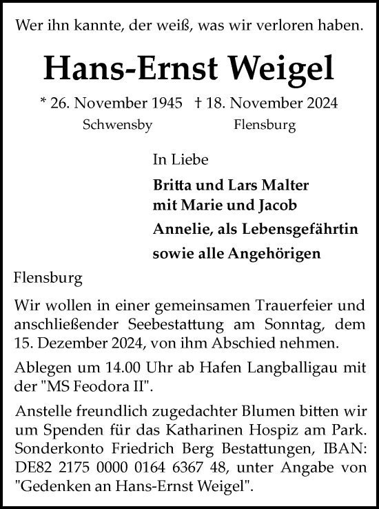 Traueranzeige von Hans-Ernst Weigel von Flensburger Tageblatt