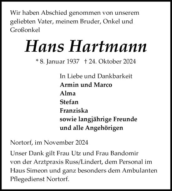 Traueranzeige von Hans Hartmann von Schleswig-Holsteinische Landeszeitung