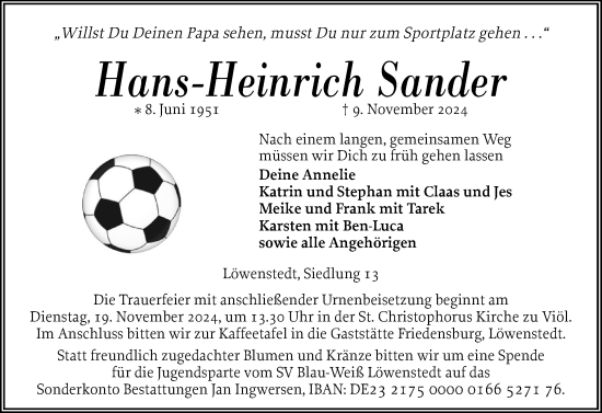 Traueranzeige von Hans-Heinrich Sander von Husumer Nachrichten, Nordfriesland Tageblatt