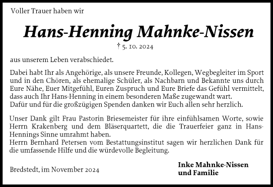 Traueranzeige von Hans-Henning Mahnke-Nissen von Husumer Nachrichten, Nordfriesland Tageblatt