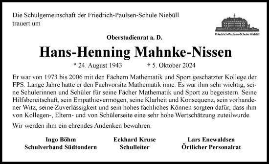 Traueranzeige von Hans-Henning Mahnke-Nissen von Husumer Nachrichten, Nordfriesland Tageblatt