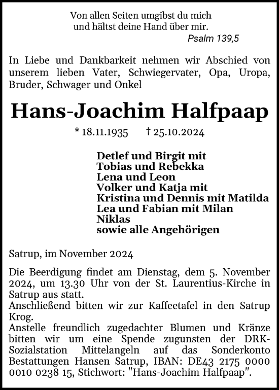 Traueranzeige von Hans-Joachim Halfpaap von Flensburger Tageblatt, Schleswiger Nachrichten, Schlei-Bote