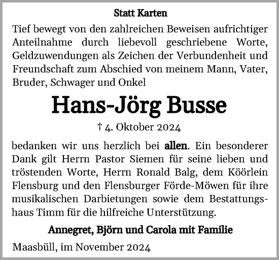 Traueranzeige von Hans-Jörg Busse von Flensburger Tageblatt