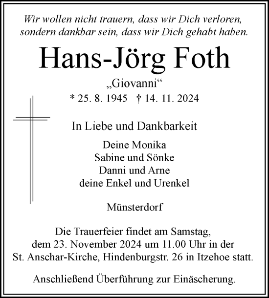 Traueranzeige von Hans-Jörg Foth von Norddeutsche Rundschau, Wilstersche Zeitung, Glückstädter Fortuna