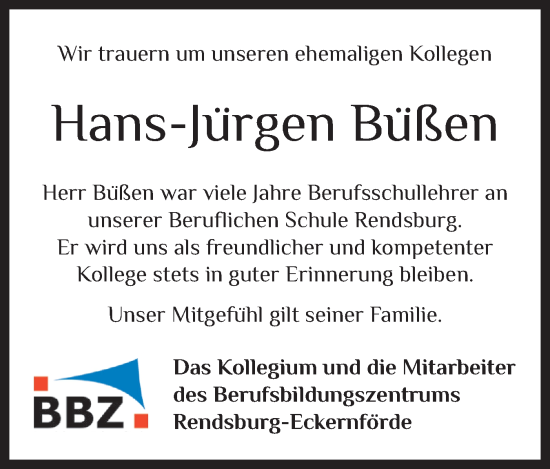 Traueranzeige von Hans-Jürgen Büßen von Schleswig-Holsteinische Landeszeitung