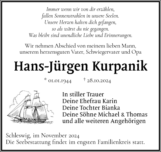 Traueranzeige von Hans-Jürgen Kurpanik von Schleswiger Nachrichten, Schlei-Bote