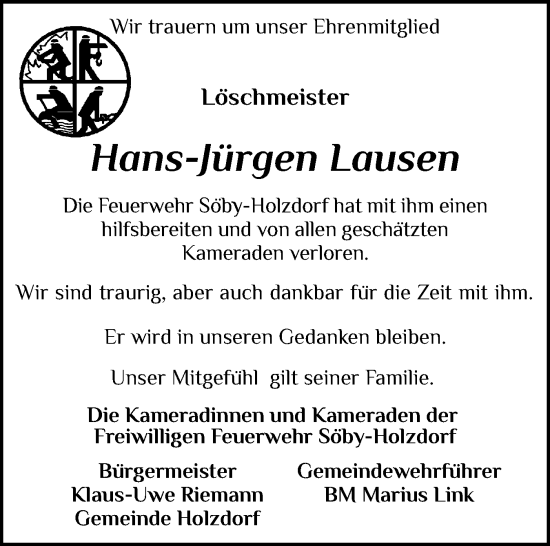 Traueranzeige von Hans-Jürgen Lausen von Eckernförder Zeitung, Hallo Eckernförde