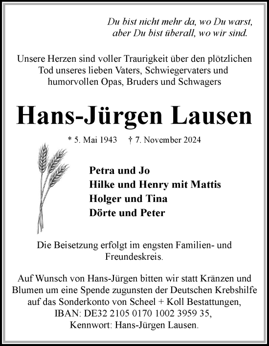 Traueranzeige von Hans-Jürgen Lausen von Eckernförder Zeitung, Hallo Eckernförde