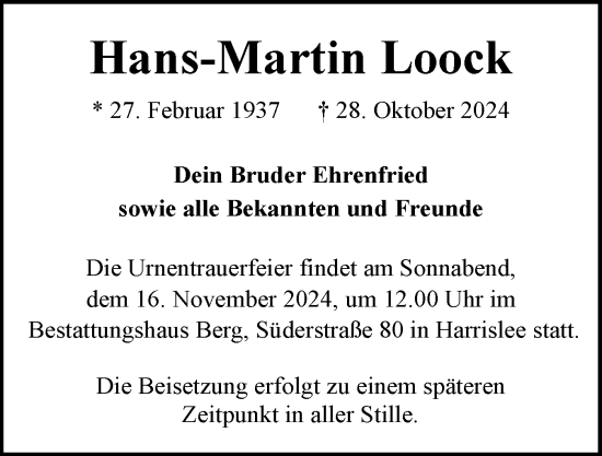 Traueranzeige von Hans-Martin Loock von Flensburger Tageblatt