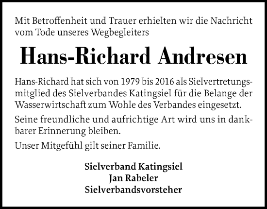 Traueranzeige von Hans-Richard Andresen von Husumer Nachrichten, Nordfriesland Tageblatt