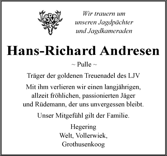 Traueranzeige von Hans-Richard Andresen von Husumer Nachrichten, Nordfriesland Tageblatt