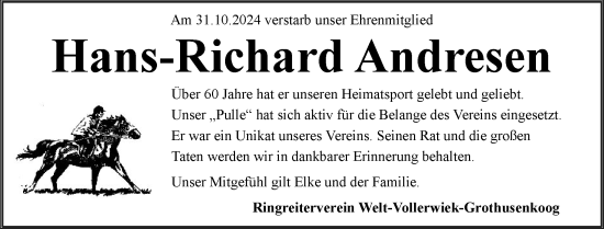 Traueranzeige von Hans-Richard Andresen von Husumer Nachrichten, Nordfriesland Tageblatt