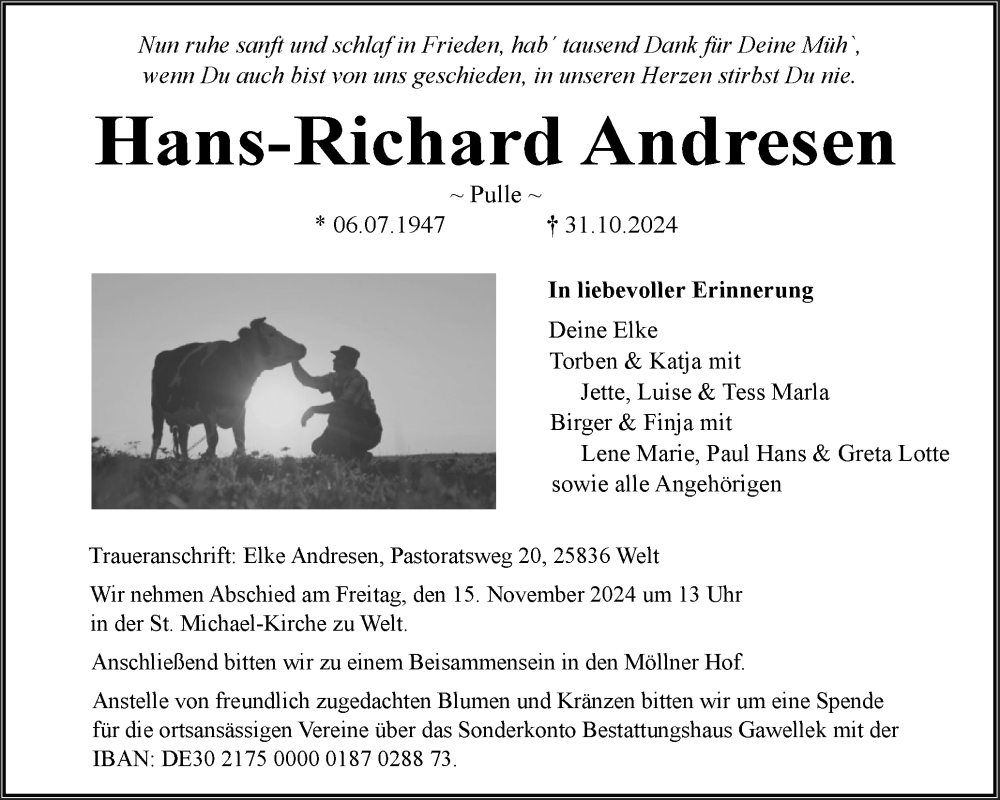  Traueranzeige für Hans-Richard Andresen vom 08.11.2024 aus Husumer Nachrichten, Nordfriesland Tageblatt