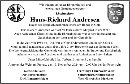 Traueranzeige von Hans-Richard Andresen von Husumer Nachrichten, Nordfriesland Tageblatt