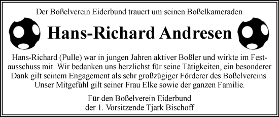 Traueranzeige von Hans-Richard Andresen von Husumer Nachrichten, Nordfriesland Tageblatt